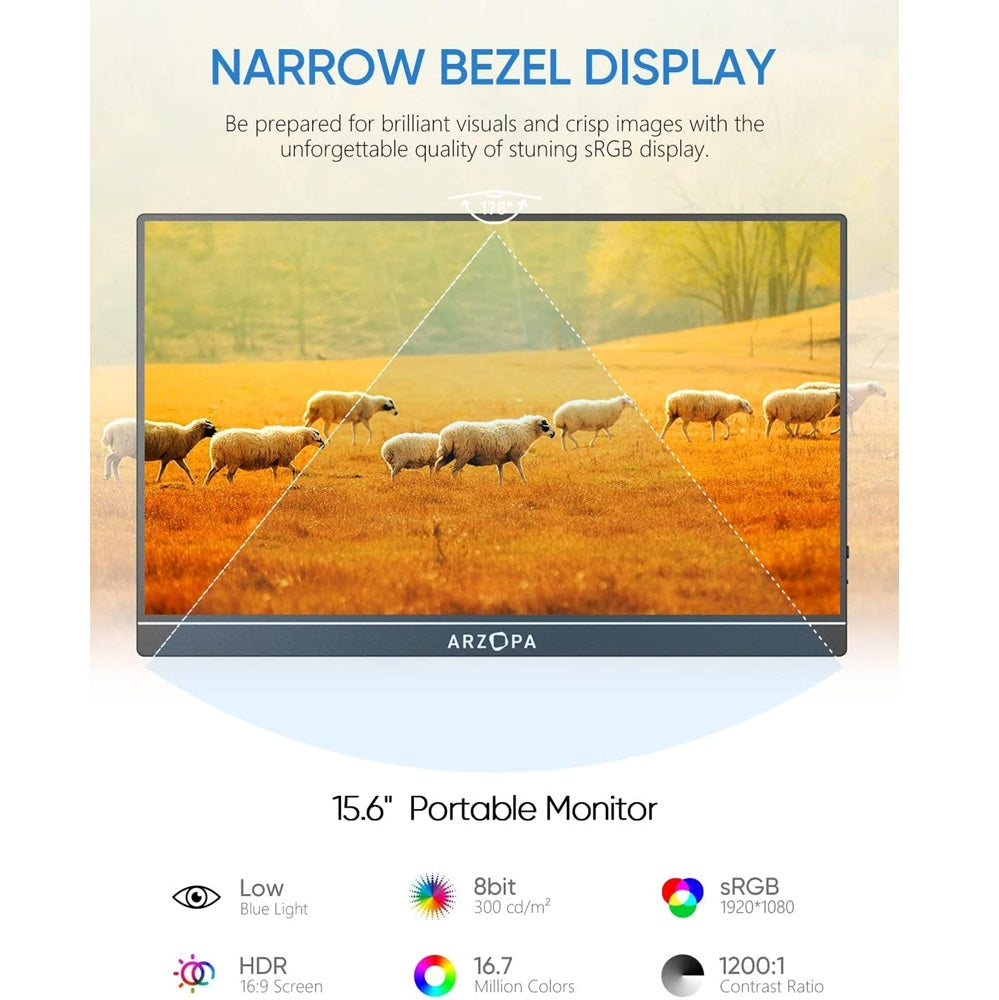 ARZOPA Portable Monitor 15.6” 1080P FHD USB-C HDMI HDR Eye Care External Screen w/Smart Cover for PC Mac Phone PS5-S1 Table ARZOPA Portable Monitor 15.6” 1080P FHD USB-C HDMI HDR Eye Care External Screen w/Smart Cover for PC Mac Phone PS5-S1 Table